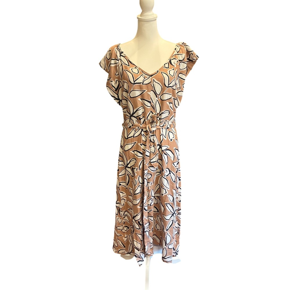 LOFT Outlet Tan Floral Linen Blend V-Neck Midi Dress NWT Size 10